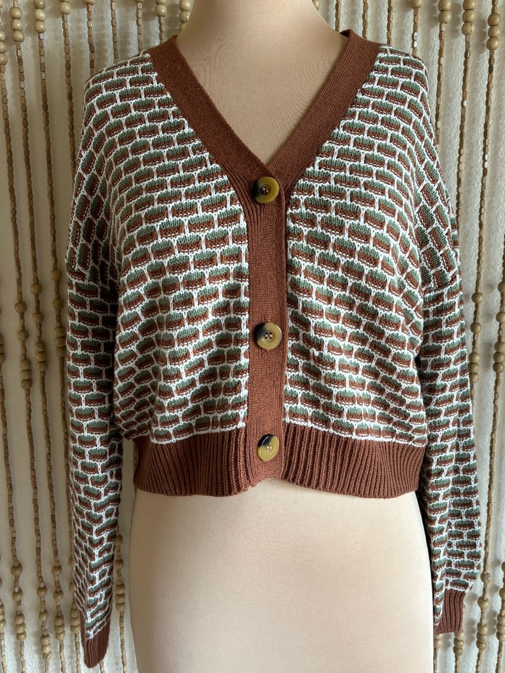 Green Brown Knit Patterned Button Down V Neck Long Sleeve Twee Fall Cardigan Sm